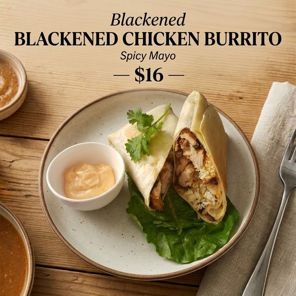 Blackened chicken burrito with spicy mayo menu card, $16