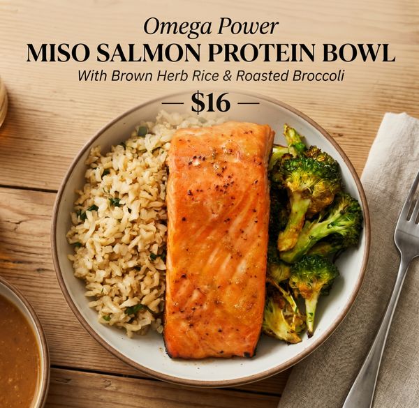 Omega Power miso salmon protein bowl menu card