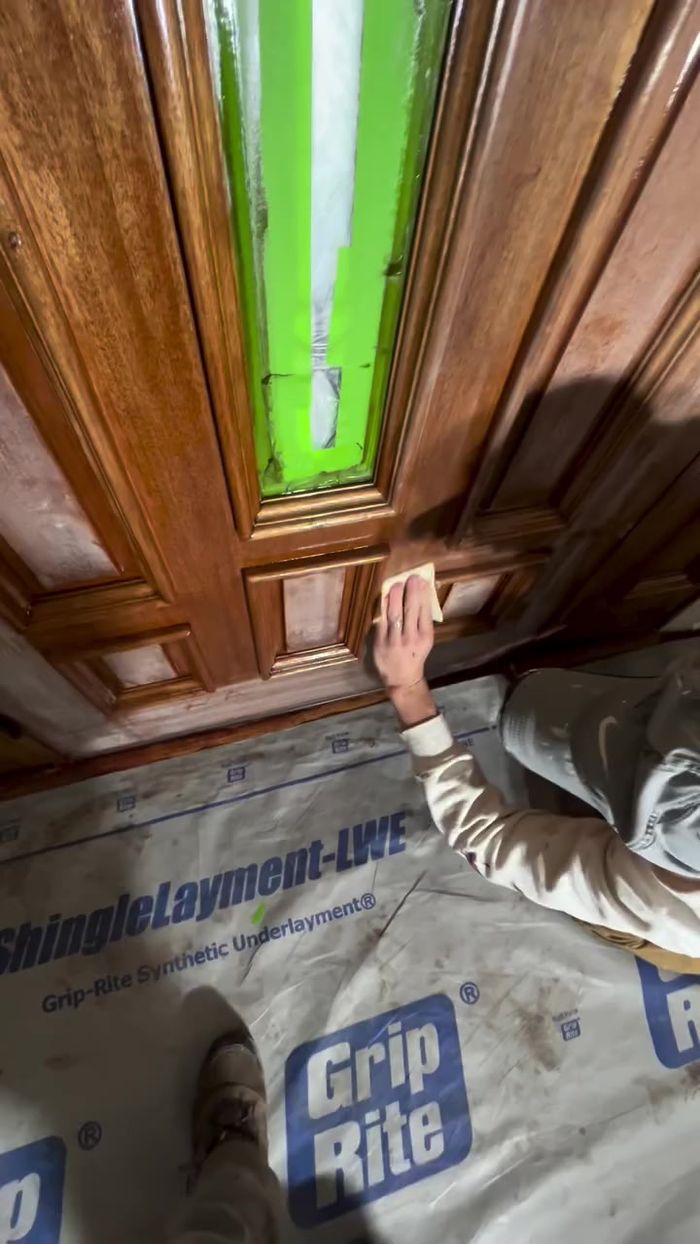 Finishing a mahogany door in place