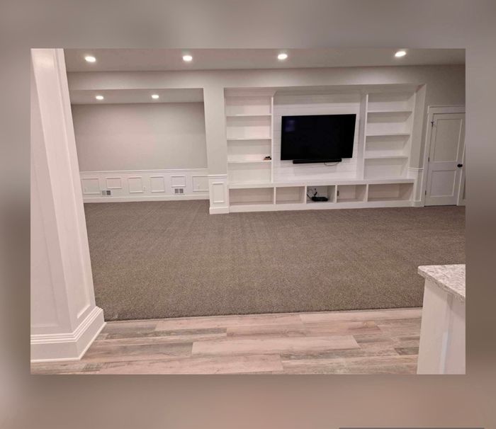 Empty finished basement room with built-ins and clean carpet