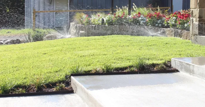 Sprinklers watering fresh sod beside a new flower bed