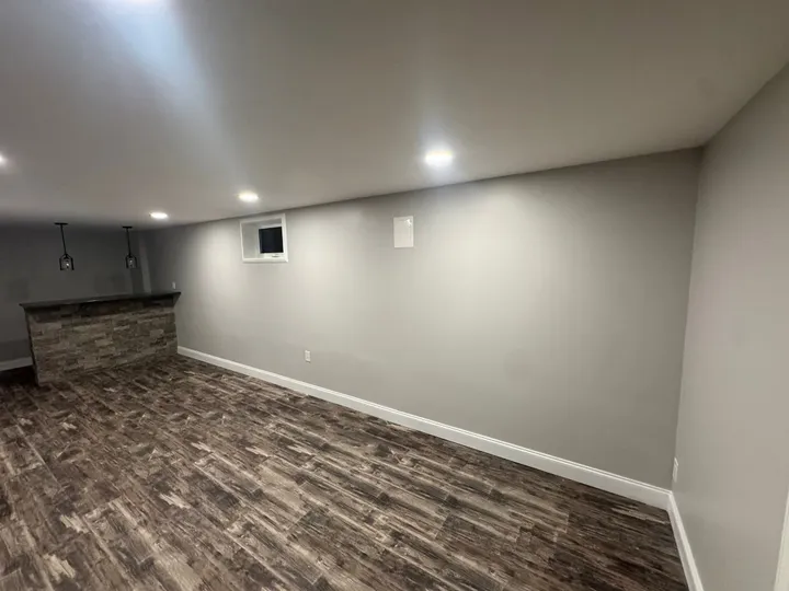 Finished basement with wood-look vinyl plank flooring