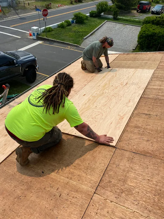 Crew members sheathing a roof deck on a Bayshore home