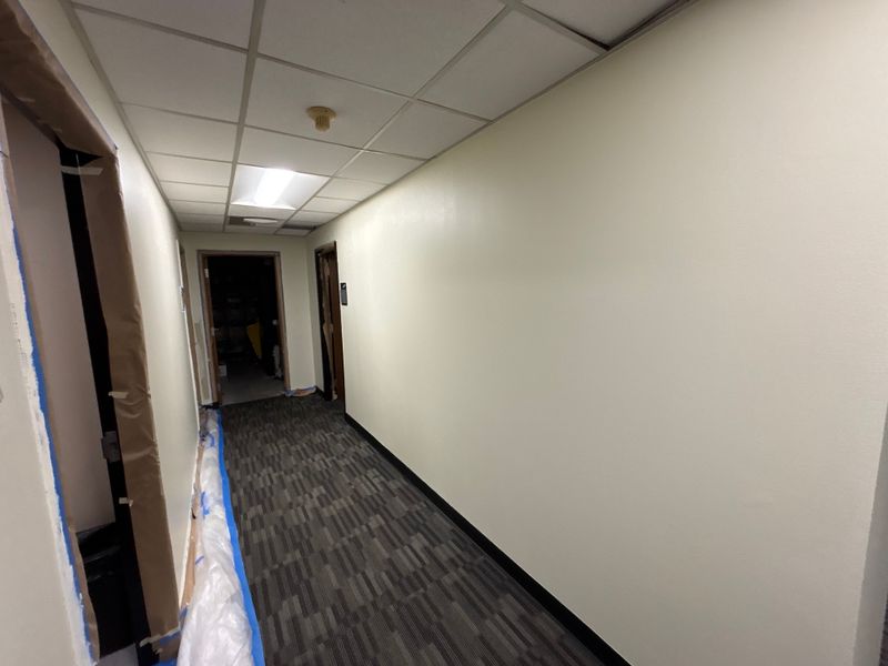 Office hallway taped and protected before painting