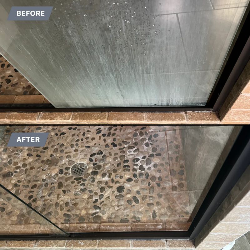 Shower glass and pebble floor before and after cleaning