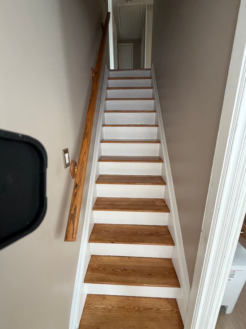 Staircase with stained treads and white risers