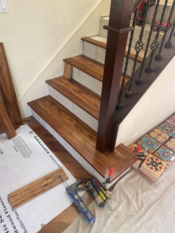 Custom Wood Stairs with Tile Risers
