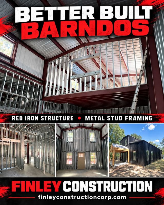 BETTER BUILT BARNDOS

The photos show how we build: a red iron structural frame, metal stud framing for the living space, and a mezzanine integrated into the layout.

Finley Construction builds custom barndominium shells from steel erection through framing and dry-in. We can also include roofing, siding, porches, and spray foam to match the project.

Planning a barndo? Send us your plans or tell us what you want to build. We’ll help you work out the shell and framing package.

📞 229-338-6641
finleyconstructioncorp.com

Finley Construction — Where Quality Work Meets Honest Prices!

#BetterBuiltBarndos #FinleyConstruction #SteelBarndominium #RedIronBuilding #BarndoBuilder #MetalStudFraming