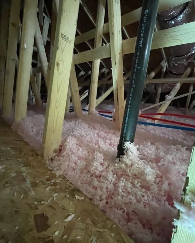 Old pink fiberglass insulation between attic joists ready for removal
