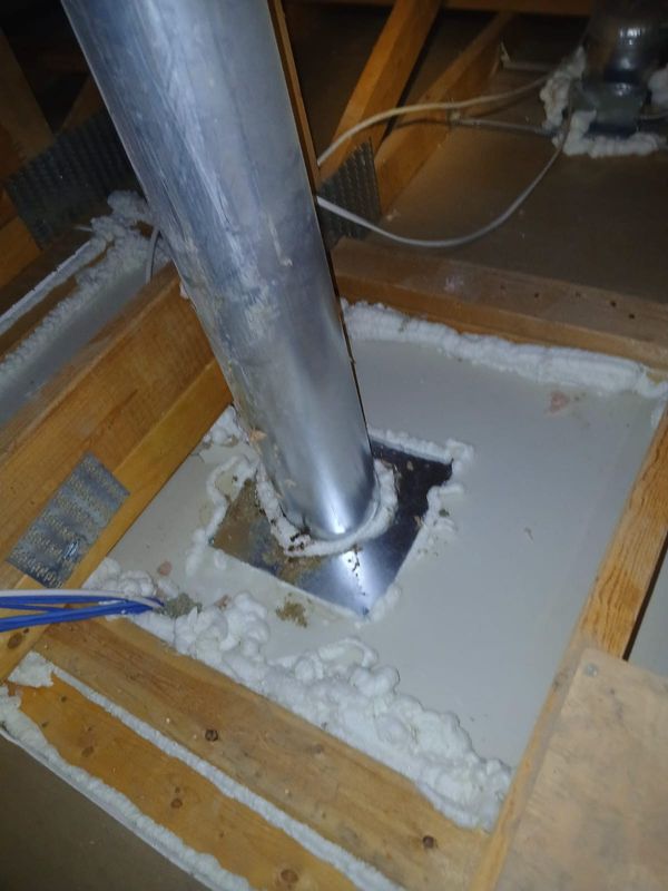 Foam sealed around a flue pipe penetration through an attic floor