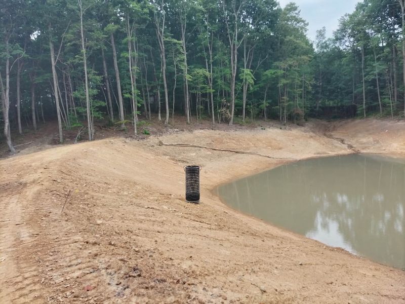 New pond starting to fill with water, smooth banks and woods behind