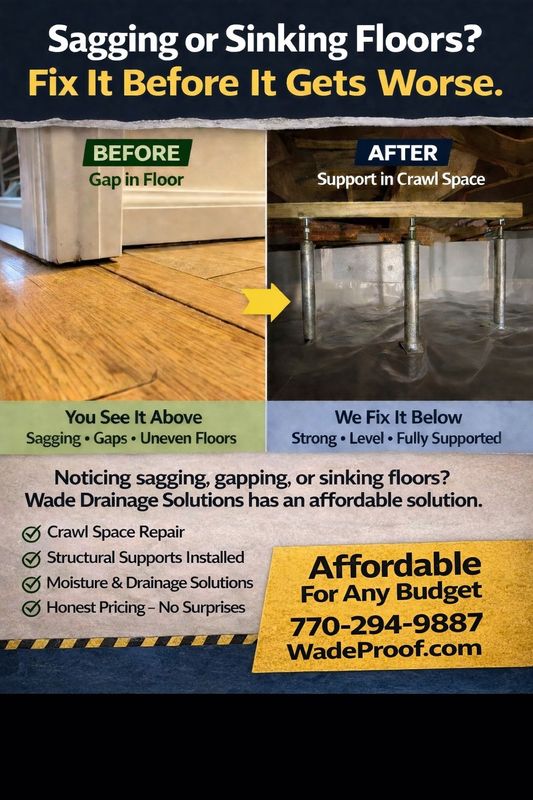 Sagging Floors? We Fix the Problem Underneath.
Affordable crawl space & foundation solutions.
📞 770-294-9887 | WadeProof.com