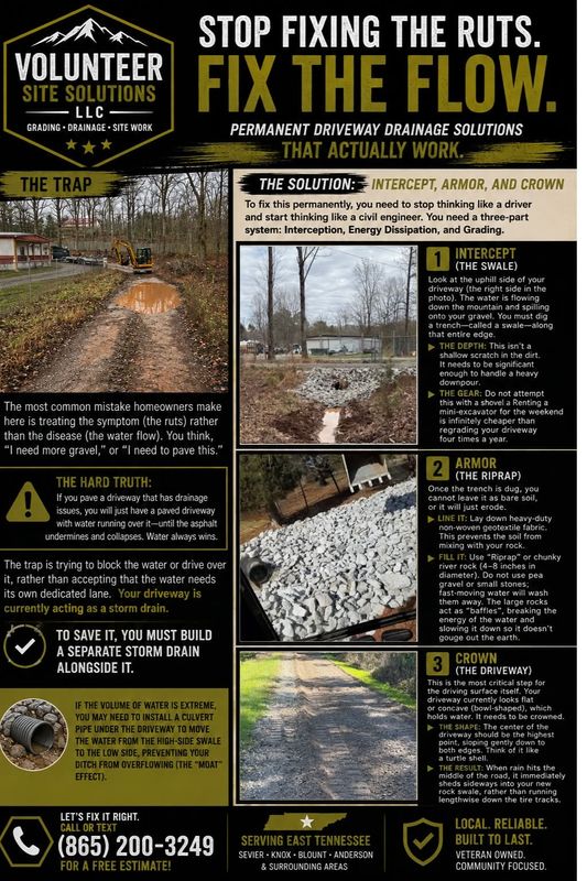 Quit buying gravel every time it rains.

If your driveway keeps washing out, the problem isn’t the gravel — it’s the water.

Stop fixing the ruts. Fix the flow.

We can diagnose the drainage problem and build a solution that actually lasts.

📞 Call/Text (865) 200-3249
Free Estimates | East Tennessee