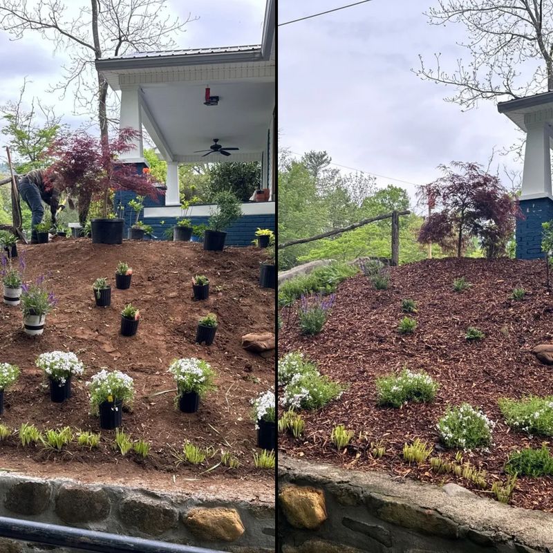 Planting, irrigation, yard features and mulch