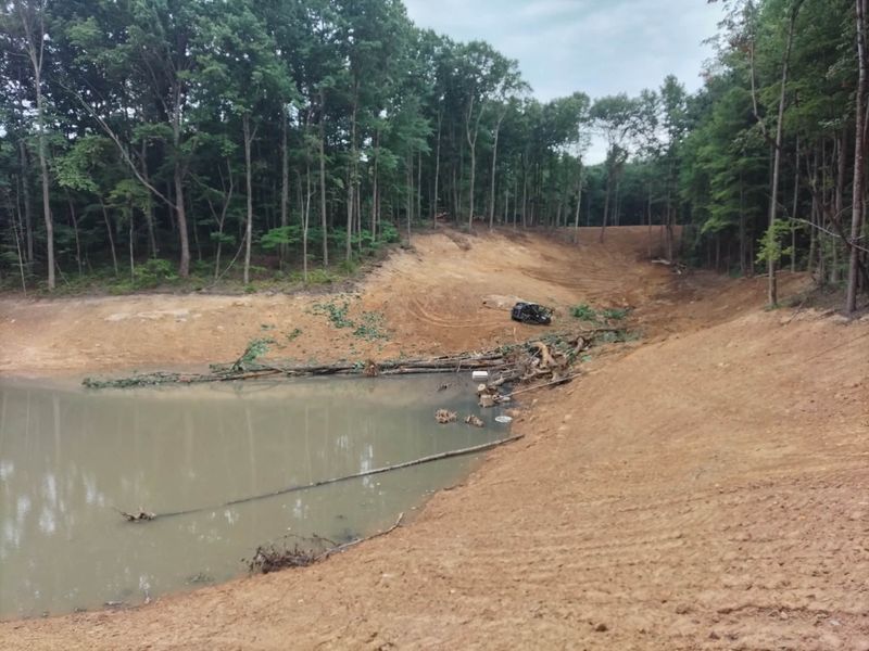 Pond holding water in a freshly graded basin in the woods