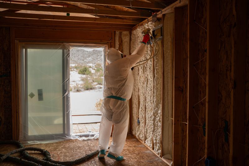 Technician spraying closed-cell spray foam on walls by a sliding door