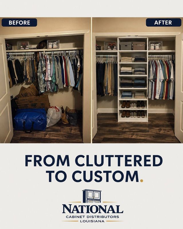 ✨ FROM CLUTTERED TO CUSTOM! ✨

That wasted closet space can do a whole lot more! 👕👟🙌 We design custom closet systems that give everything a place while keeping it clean, organized, and easy to use.

🔥 30% OFF Custom Closets & Open Storage
📐 Free in-home consultation & design
🏠 We come to you!

Ready to transform your closet? Send us a message today!

National Cabinet Distributors Louisiana
🌐 www.nationalcabinetla.com
📧 Sales@nationalcabinetla.com

#CustomClosets #ClosetMakeover #ClosetOrganization #CovingtonLA #MandevilleLA #NorthshoreLA #NewOrleansLA #NOLAHomes #HomeOrganization #NationalCabinetDistributors