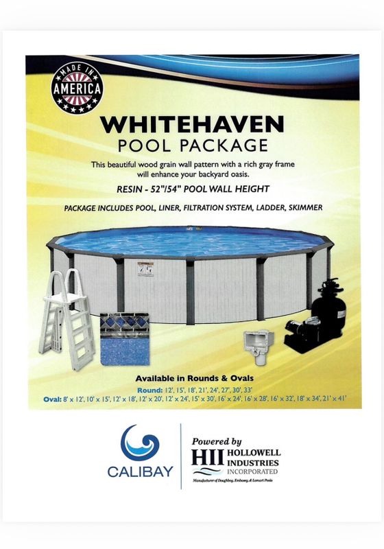 Whitehaven Pool Package brochure showing the above-ground pool and included equipment