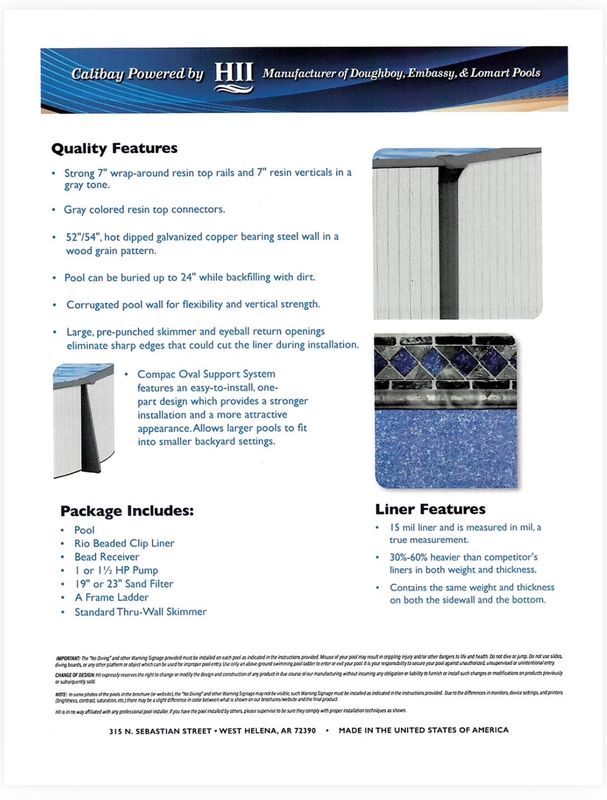 Whitehaven brochure page listing pool construction features and package inclusions