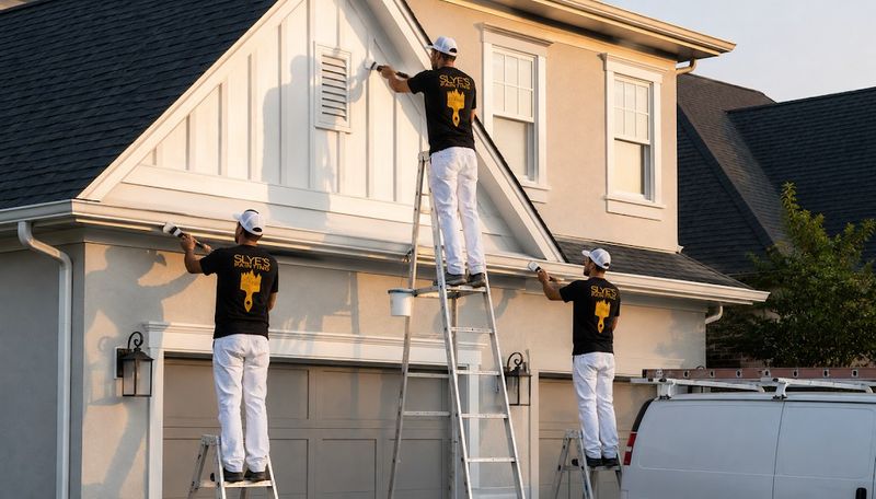 Painters on ladders finishing trim above a garage on a Cincinnati-area home