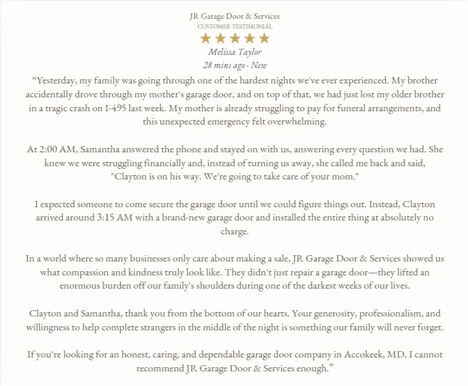 Heartfelt Service Beyond Repairs: JR Garage Door & Services’ Life-Changing Response in Accokeek, MD
