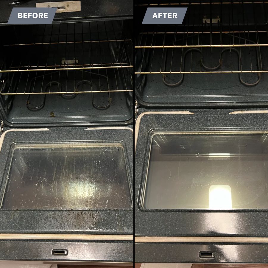 Oven racks and door before and after cleaning