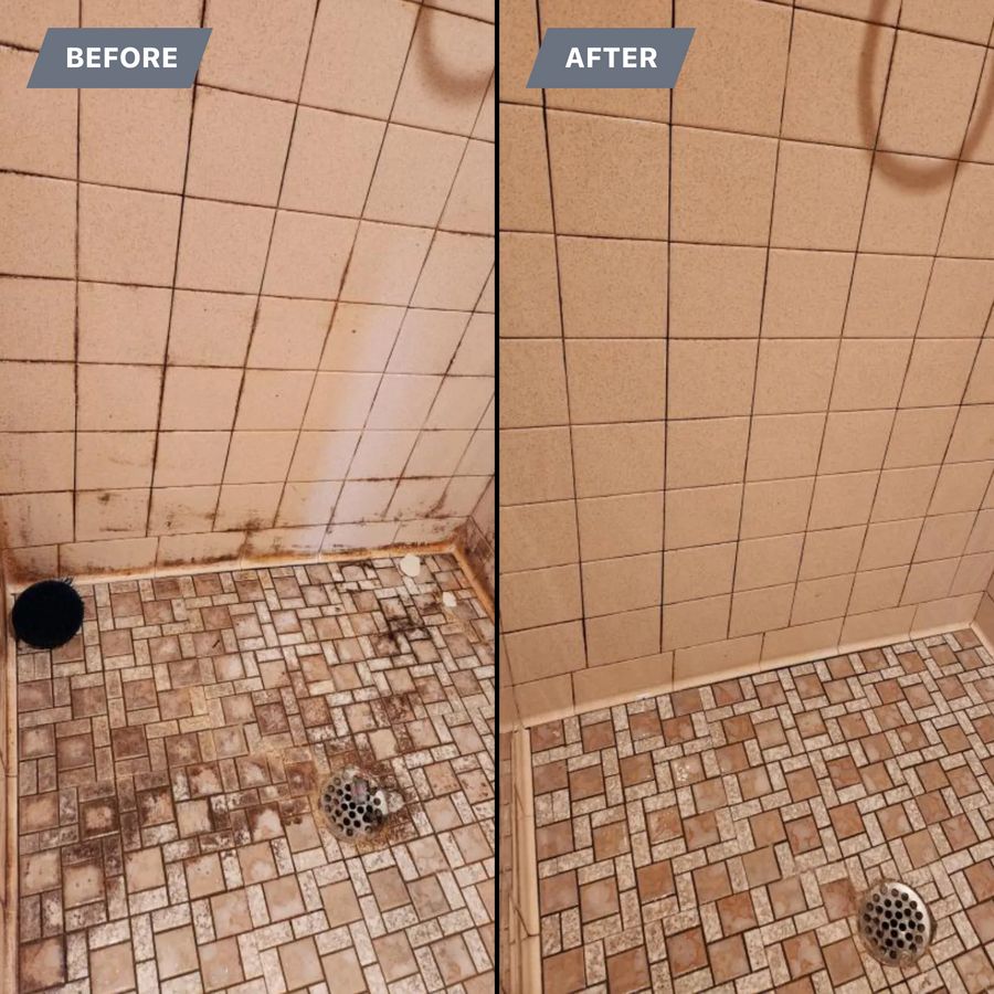 Shower tile and floor before and after a deep clean