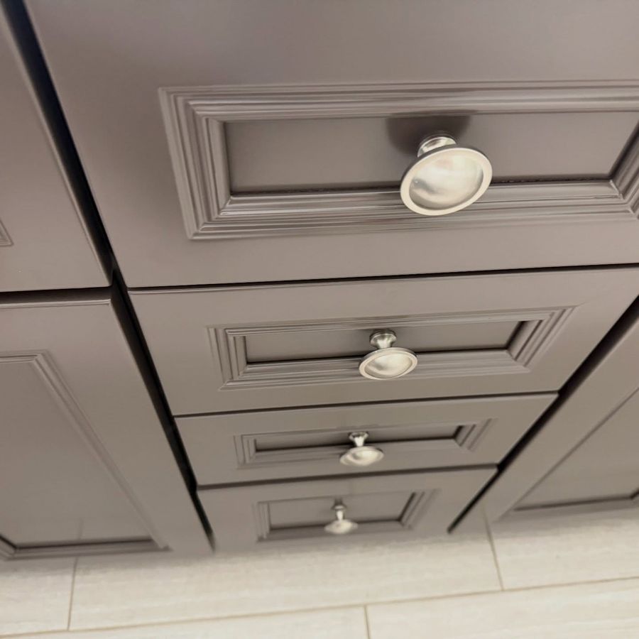 Bathroom vanity refinished in Benjamin Moore Silhouette