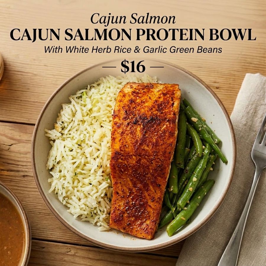 Cajun salmon protein bowl with white herb rice and garlic green beans menu card, $16