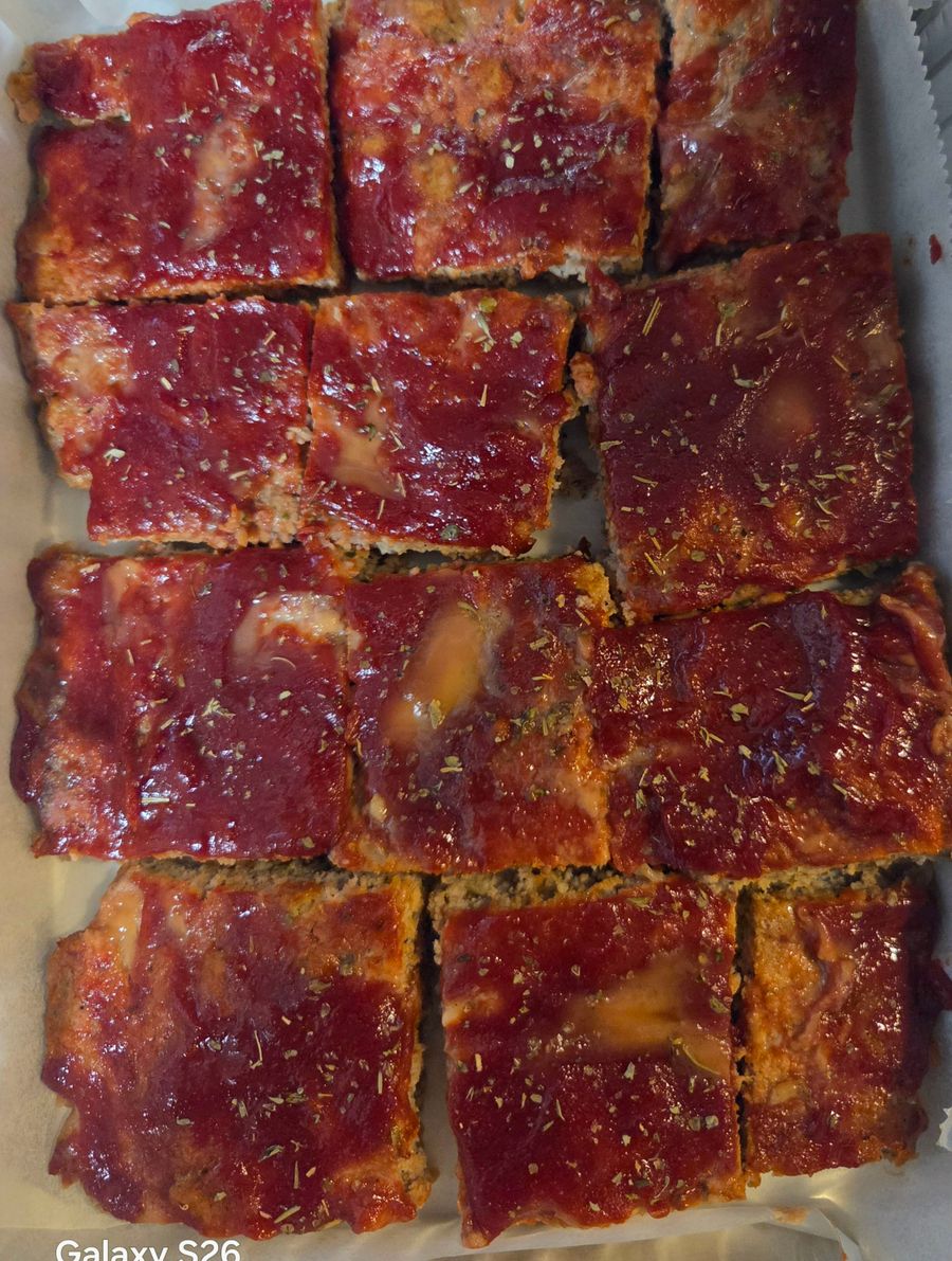 Family size glazed meatloaf, sliced into portions