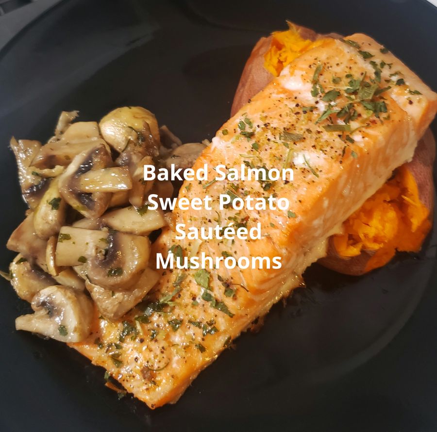 Baked salmon with sweet potato and sauteed mushrooms