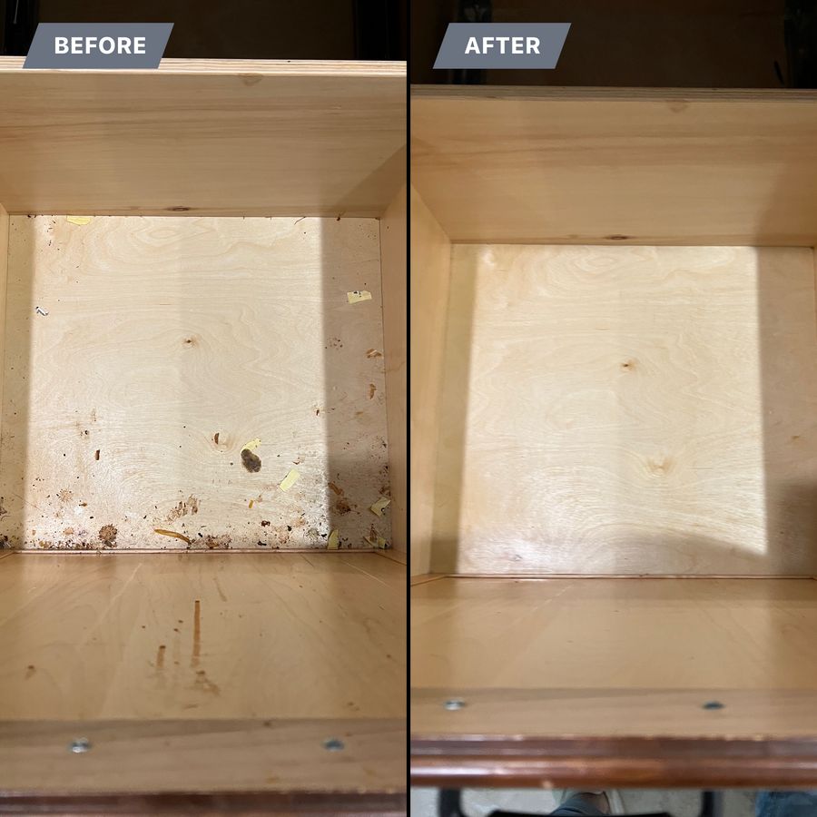 Cabinet shelf before and after cleaning