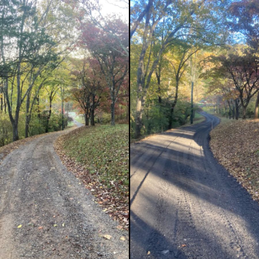 Wooded driveway before and after resurfacing