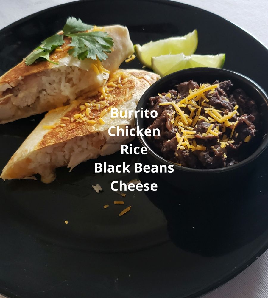 Chicken, rice, black bean and cheese burrito
