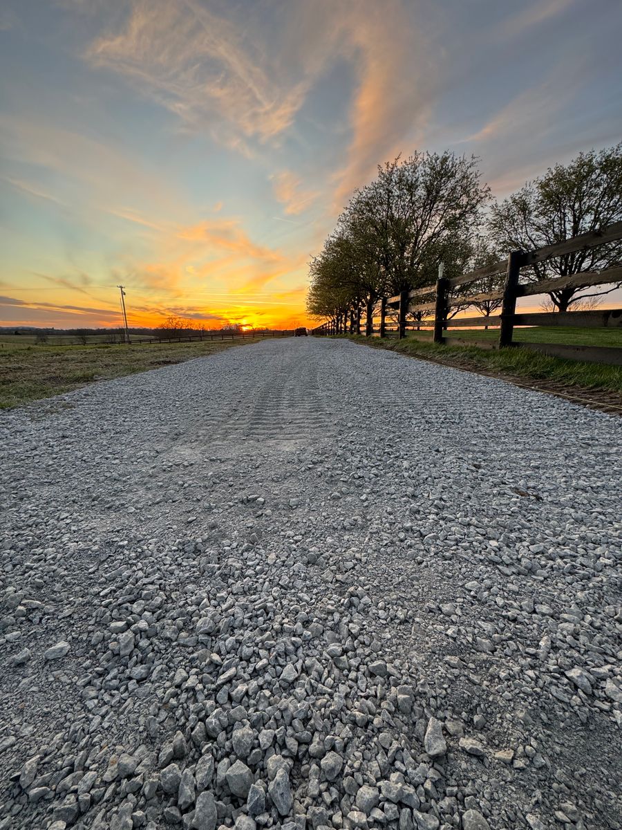 Gravel drive at sunset