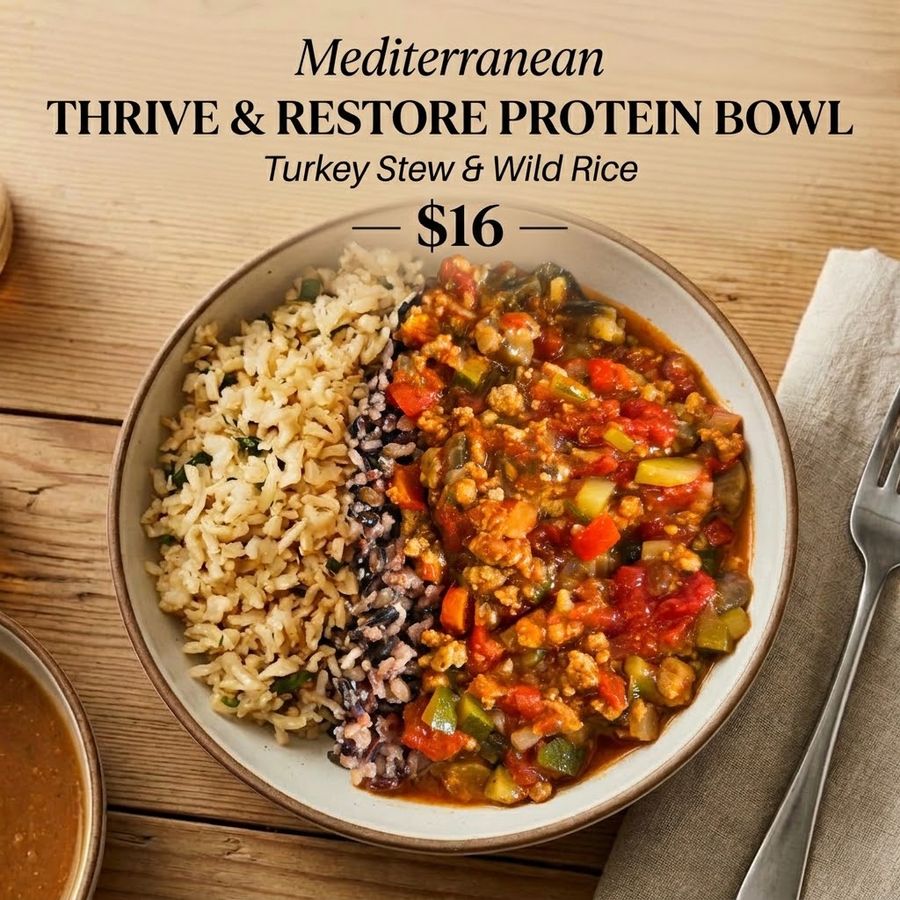 Mediterranean Thrive and Restore protein bowl, turkey stew with wild rice, menu card, $16