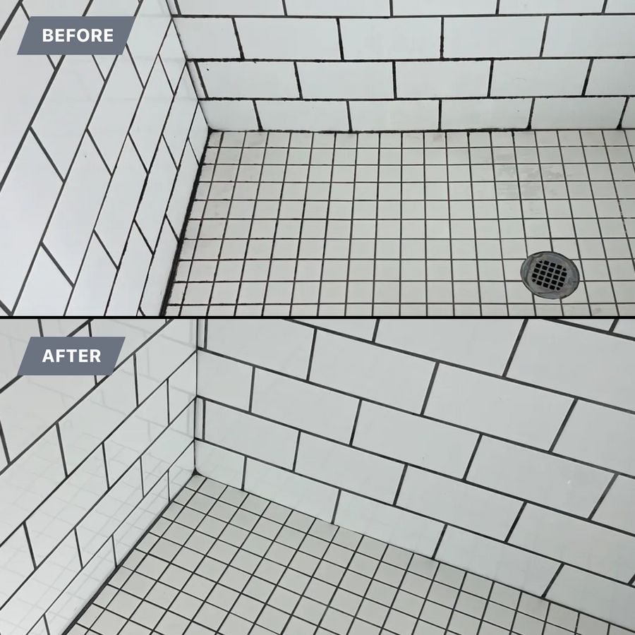 Shower grout and tile before and after a non-toxic clean