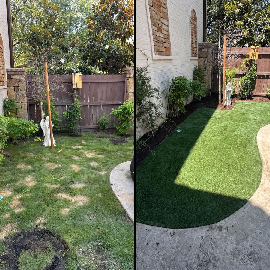 Before and after side yard: patchy lawn on the left, fresh sod, new beds and a curved concrete edge on the right