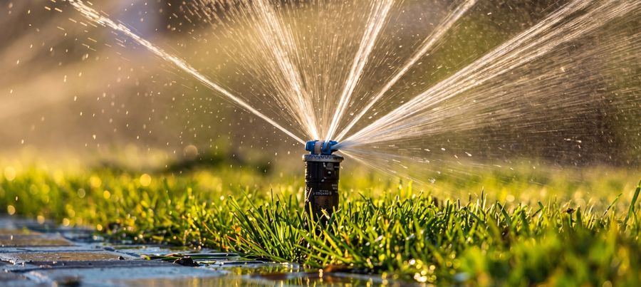Sprinkler head spraying water over a green lawn