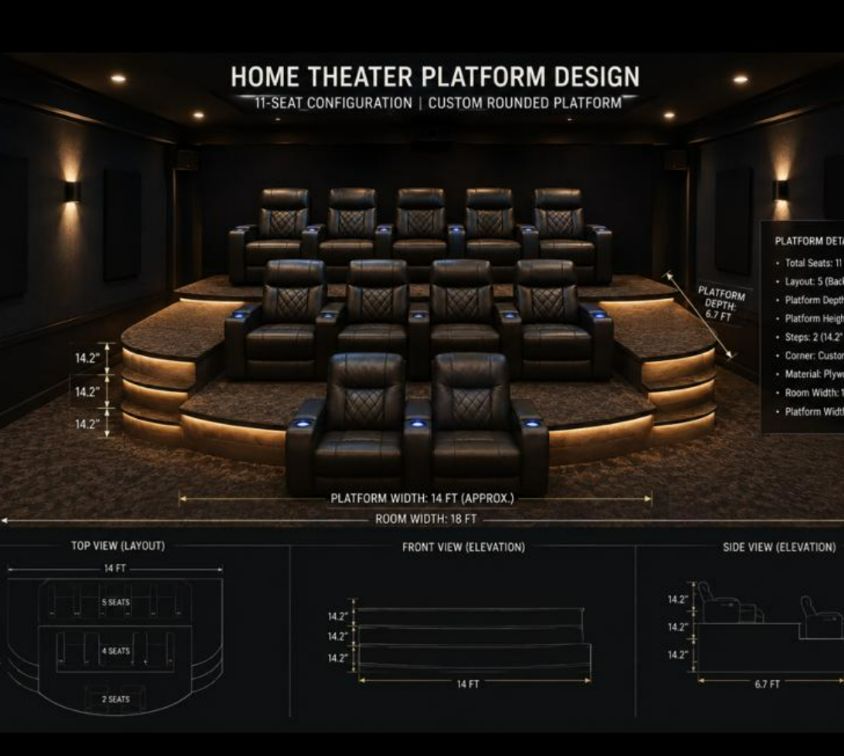 Home theater platform design drawing showing a tiered seating riser with top, front and side views