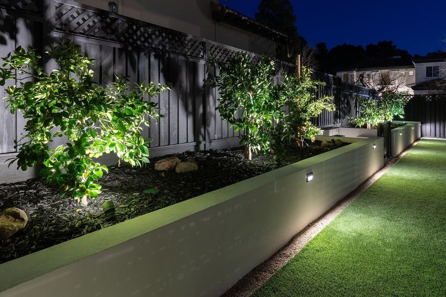 Night view of a long planter wall with small trees lit from below and a glowing lawn edge beside it
