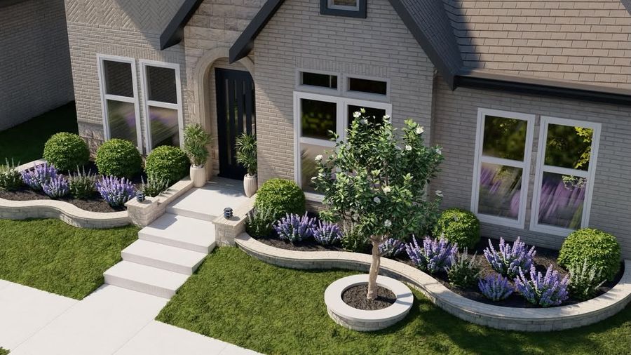 3D landscape design rendering of a front yard with curved planting beds