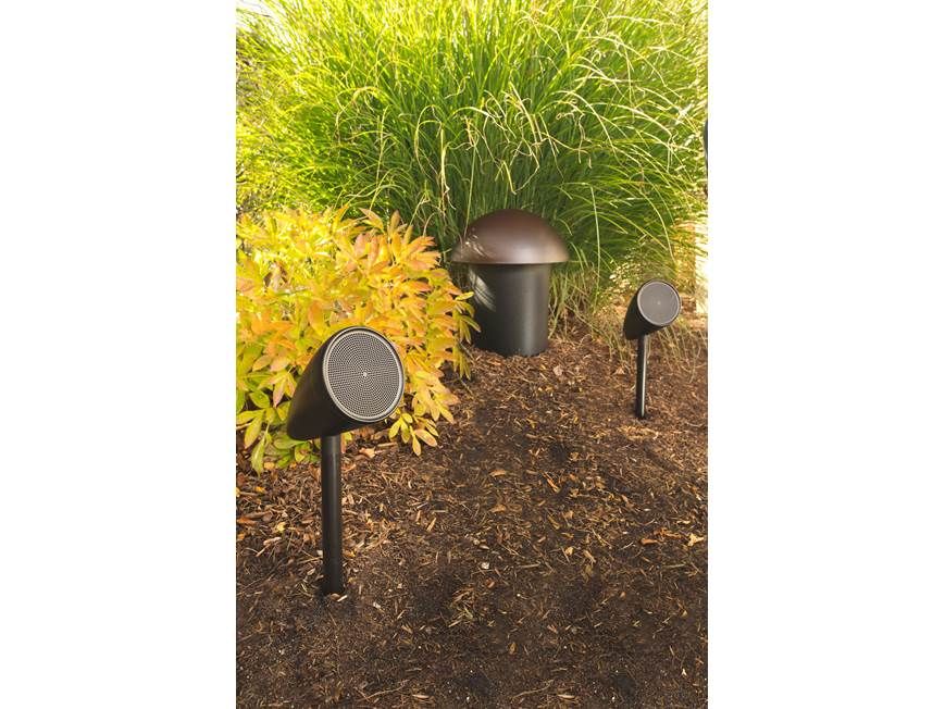 Satellite and mushroom-style landscape speakers among ornamental grasses