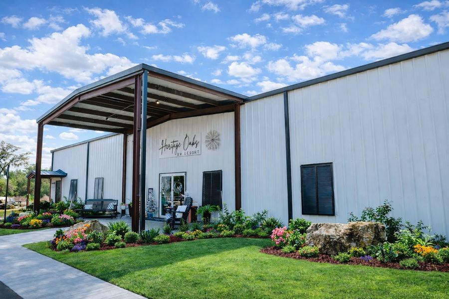 The clubhouse and covered entry at Heritage Oaks RV Resort