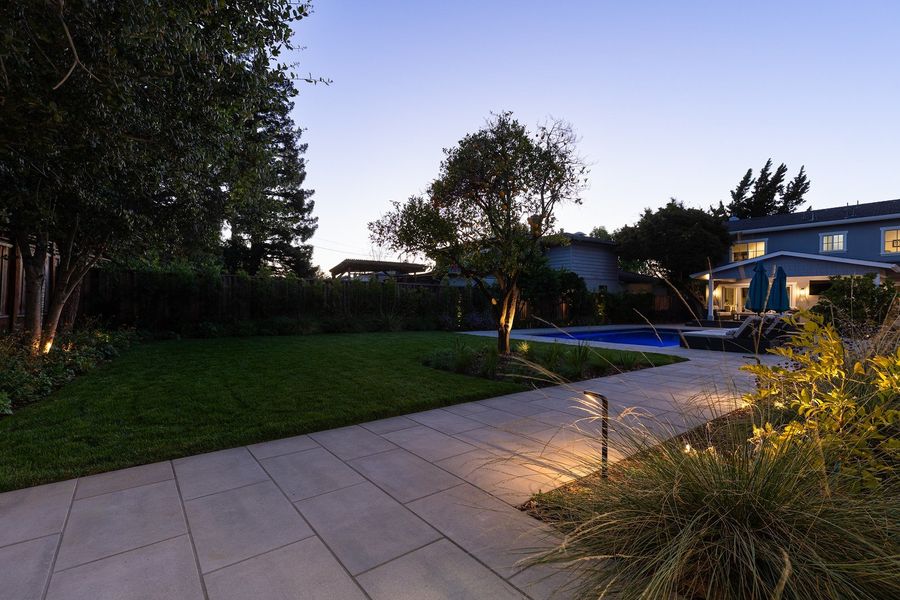 Twilight view across a lawn with a citrus tree lit from below, beside a slab path with a path light and golden shrubs