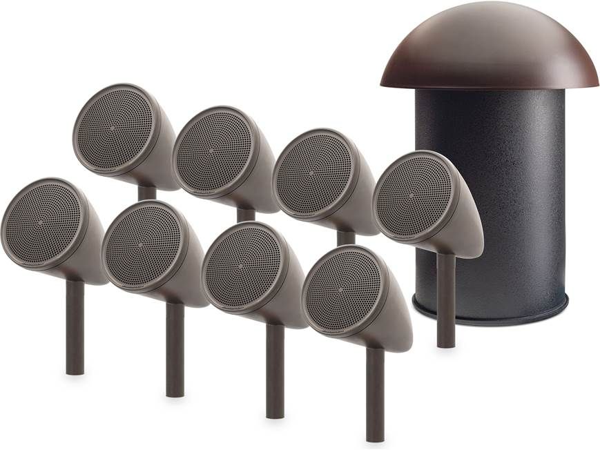 Set of landscape satellite speakers with a mushroom-style in-ground subwoofer