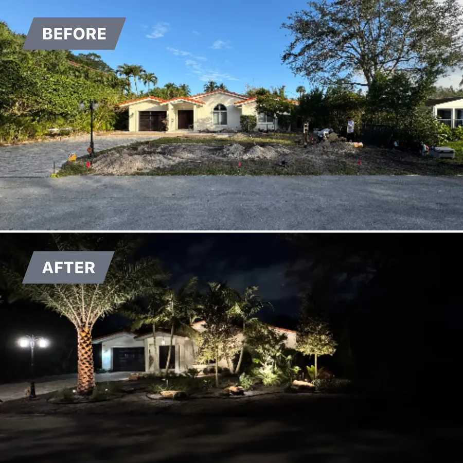 After: the same front yard planted and uplit at night