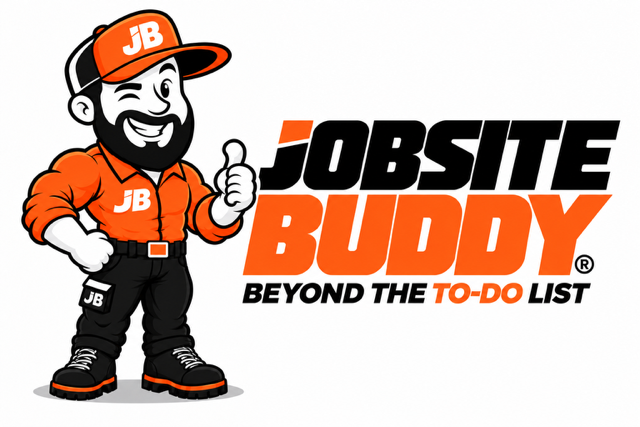 Jobsite Buddy mascot in an orange cap and shirt giving a thumbs up, with the Jobsite Buddy logo