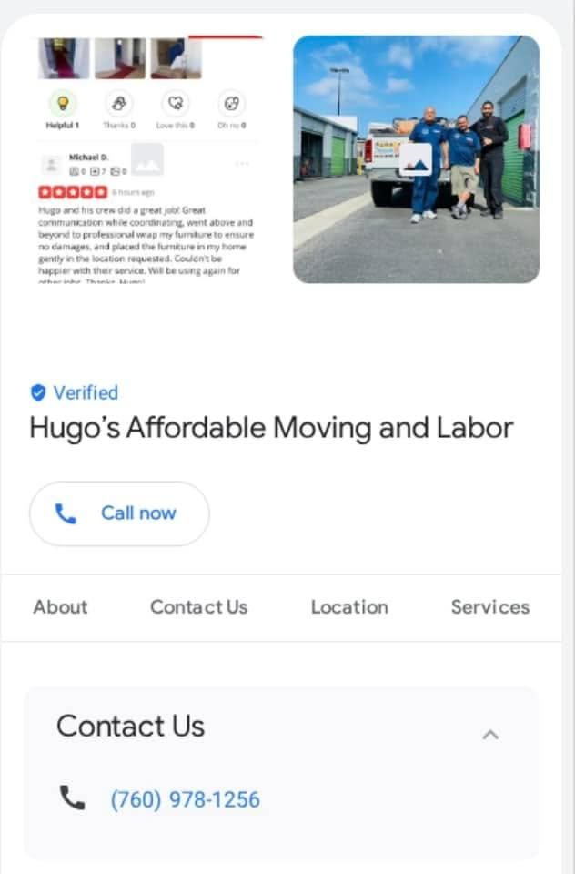  for Hugo’s Affordable Moving Labor in San Diego, CA