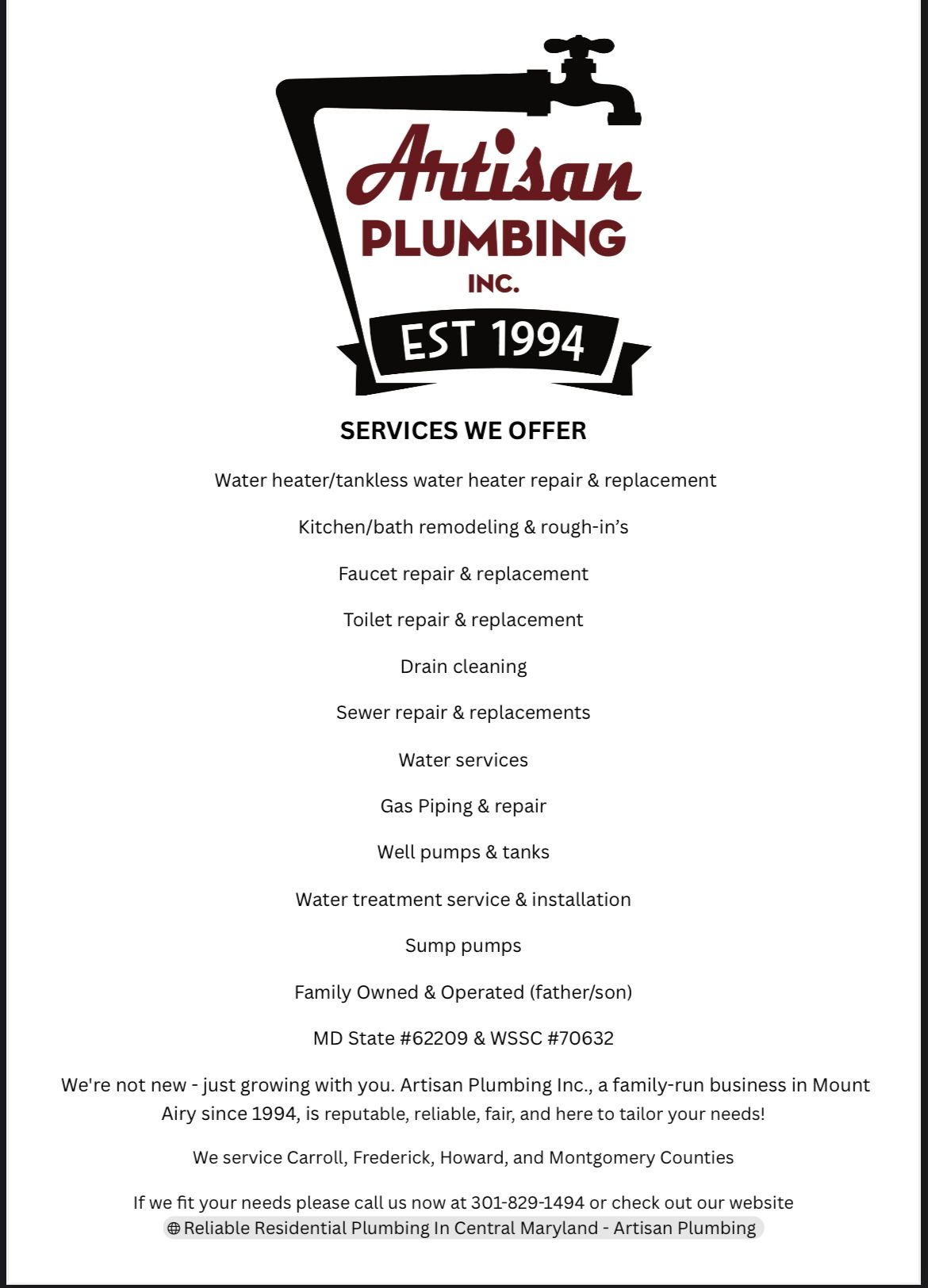 All Photos for Artisan Plumbing in Mount Airy, MD